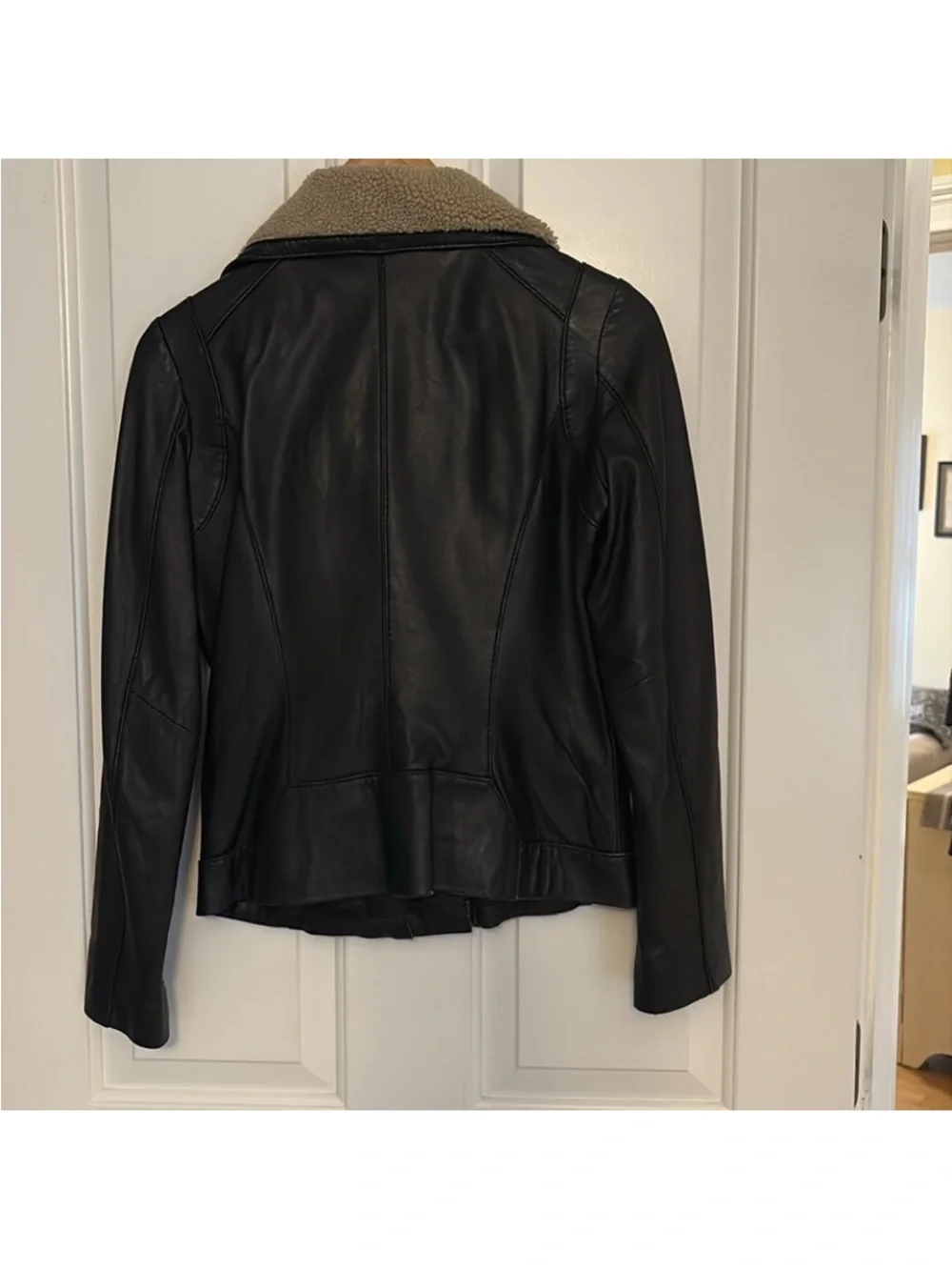 Michael Kors Black Faux Leather Biker Jacket with Tan Sherpa Collar